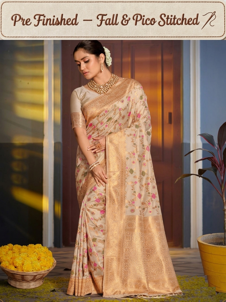 Women's Banarasi Silk Saree,Fall and Pico Stitched, Rich Pallu & Blouse Piece - Perfect for Weddings, Festivals & Parties, Vivirasmi, Premium Banarasi Silk Saree.