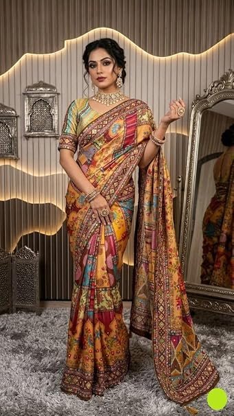 Pure Chinon Silk Designer Patchwork Printed Saree with Handwork Mirror Embroidery-FALL & PICO STITCHED & Unstitched Blouse Piece โ Multicolor Floral & Geometric Festive Partywear Saree with Tassels
