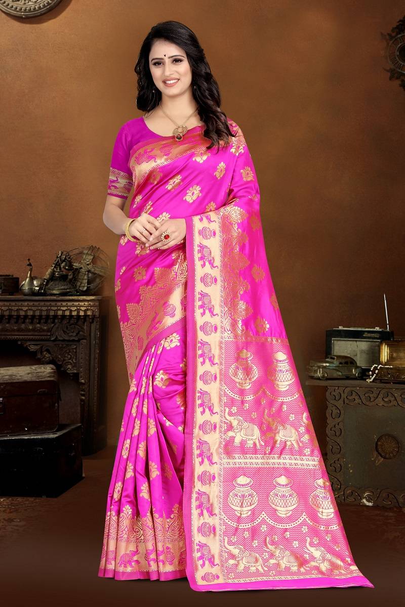 Women's Banarasi Silk Saree with Fall and Pico Stitched,Rich Pallu & Blouse Piece - Perfect for Weddings, Festivals & Parties