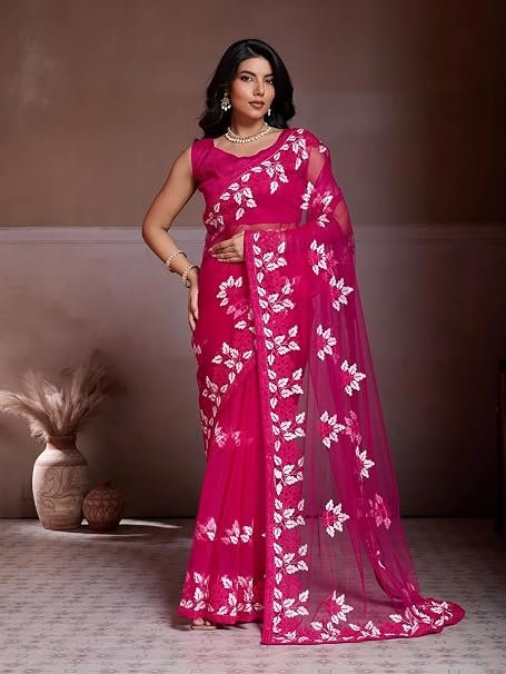 Luxury Soft Net Fancy Saree with Intricate Floral Embroidery & Scalloped Borders-FALL AND PICO STITCHED โ Lightweight Evening Party Wear Collection