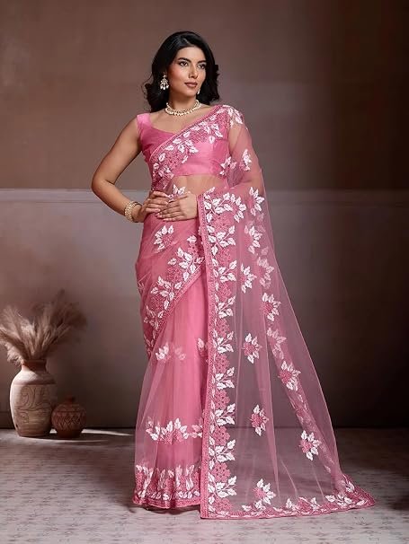 Luxury Soft Net Fancy Saree with Intricate Floral Embroidery & Scalloped Borders-FALL AND PICO STITCHED โ Lightweight Evening Party Wear Collection
