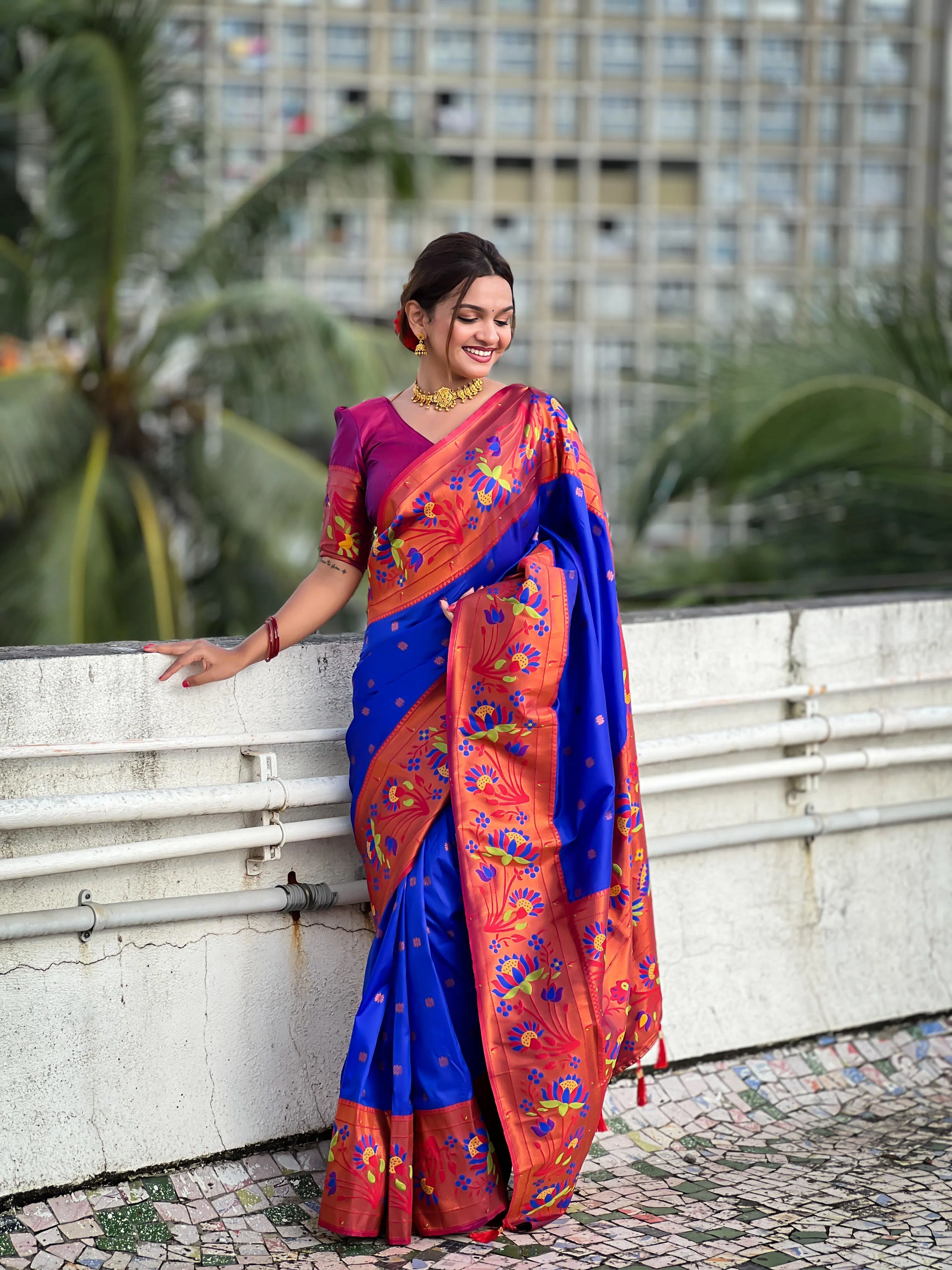 Neeta Ambani Saree- Pre-Finished (Fall/Pico Done) -Luxury Meenakari Royal Paithani Silk Saree for Weddings – Soft Silk with Gold Zari & Contrast Blouse Piece