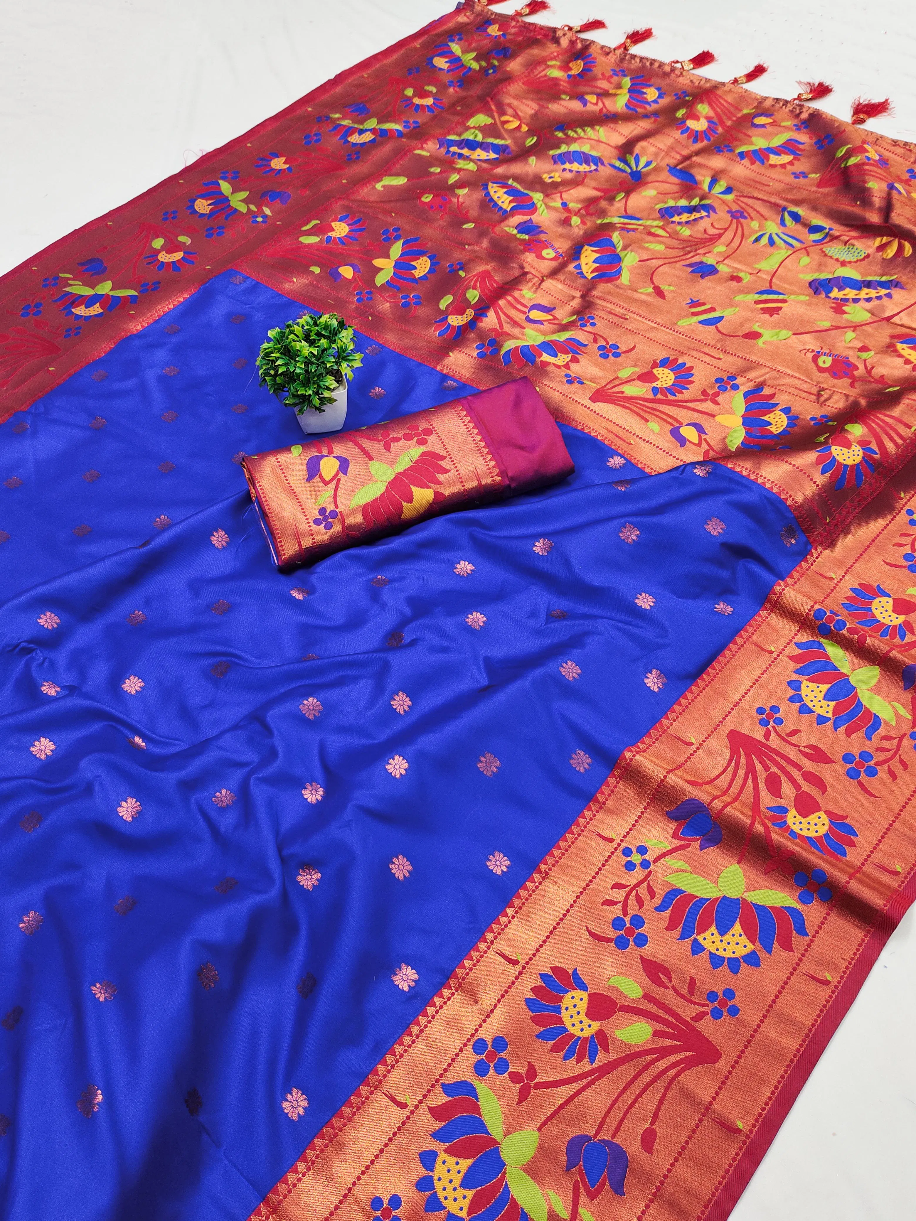 Neeta Ambani Saree- Pre-Finished (Fall/Pico Done) -Luxury Meenakari Royal Paithani Silk Saree for Weddings – Soft Silk with Gold Zari & Contrast Blouse Piece