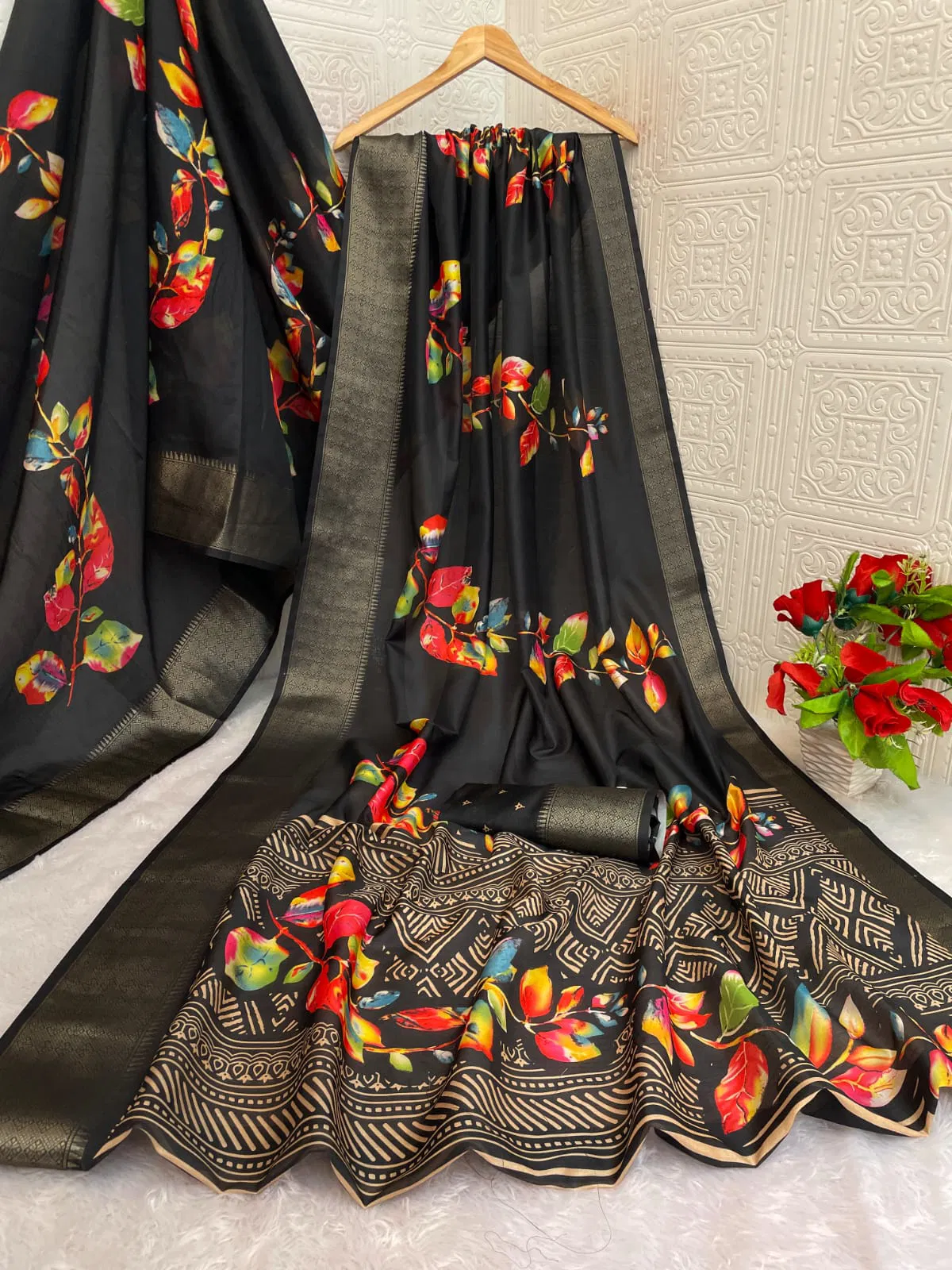 Digital Printed Dola Silk Saree –Fall & Pico Stitched- Antique Jacquard Border
