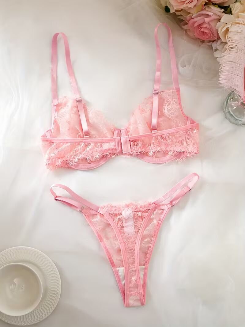 2pcs Women'S Sexy Lingerie Set -Medium Support, No Padding, Perfect for Adult,Seductive Clothing | Floral Lace Design (Pink)