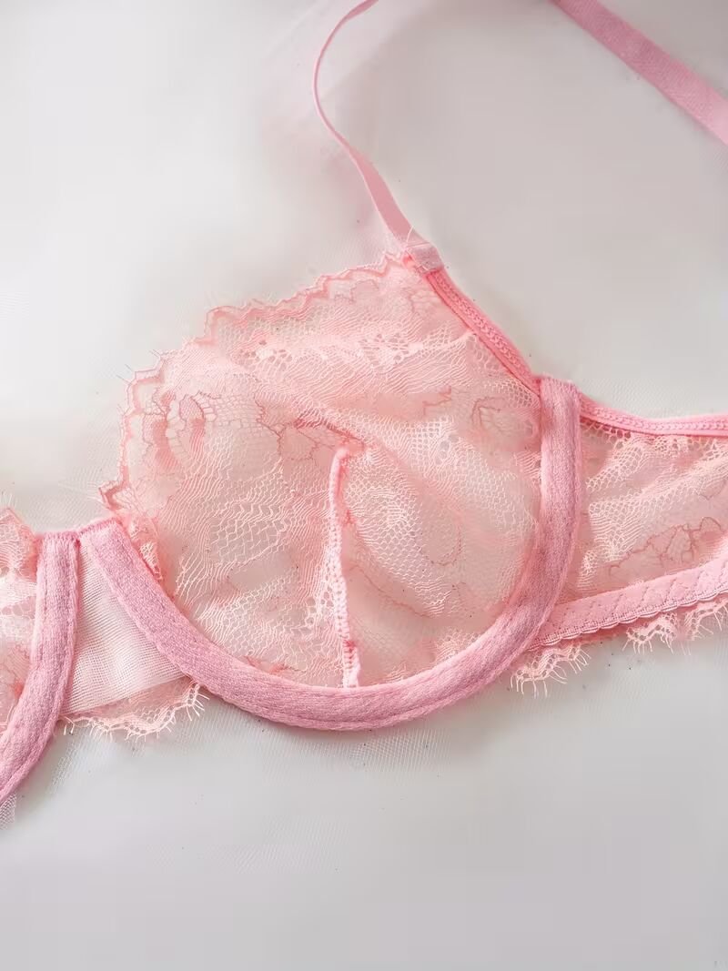 2pcs Women'S Sexy Lingerie Set -Medium Support, No Padding, Perfect for Adult,Seductive Clothing | Floral Lace Design (Pink)
