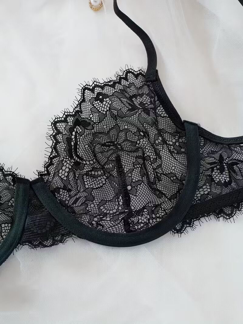 2pcs Women'S Sexy Lingerie Set -Medium Support, No Padding, Perfect for Adult,Seductive Clothing | Floral Lace Design(Black)