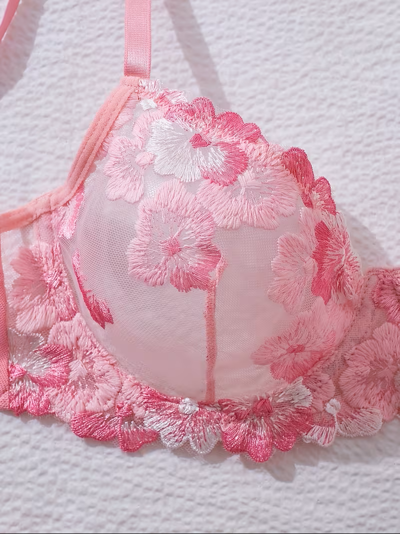 2pcs Women'S Sexy Lingerie Set -Medium Support, No Padding, Perfect for Adult,Seductive Clothing | Floral Lace Design ( Pink Flower)