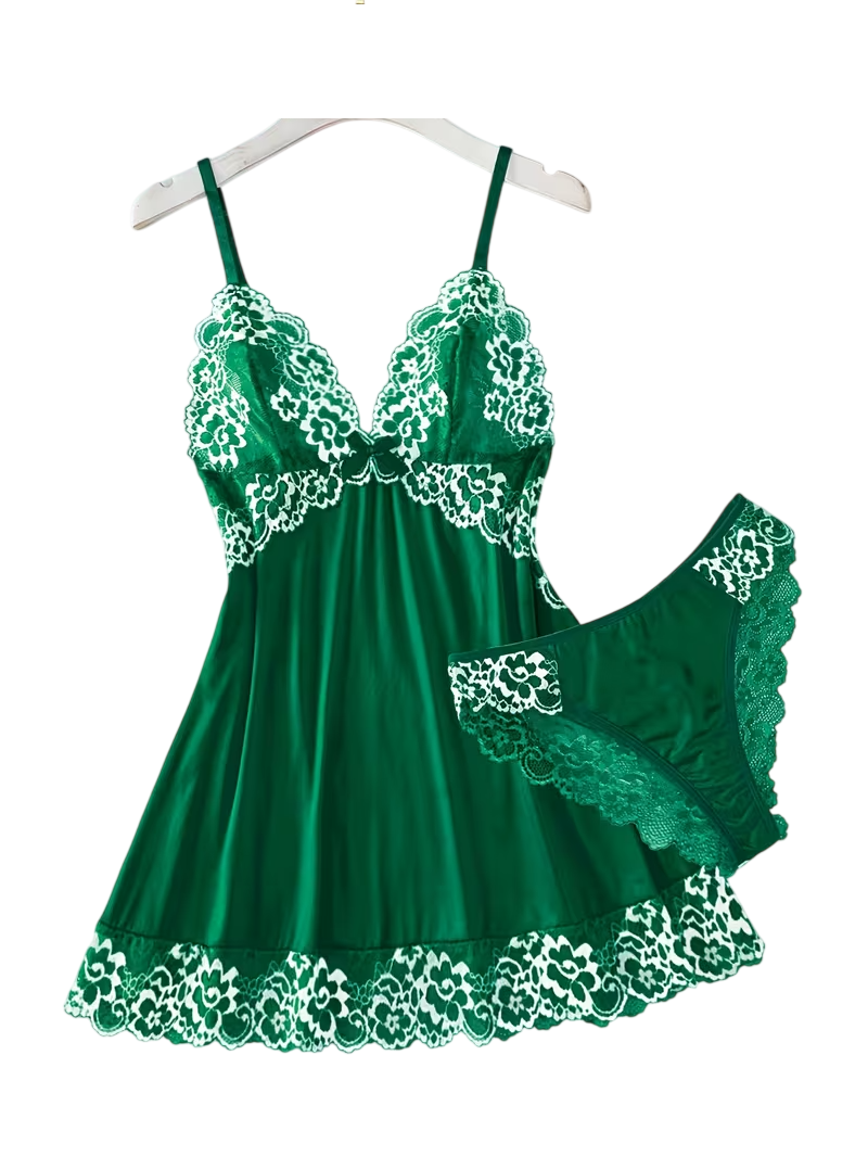 2pcs Women'S Sexy Lingerie Set -2-Piece Contrast Floral Lace Nightgown Set โ V-Neck Babydoll & Matching Panty-Chemise Set-Floral Patchwork Babydoll with Panties โ Elegant Sleepwear-Bridal Lingarie (Gr