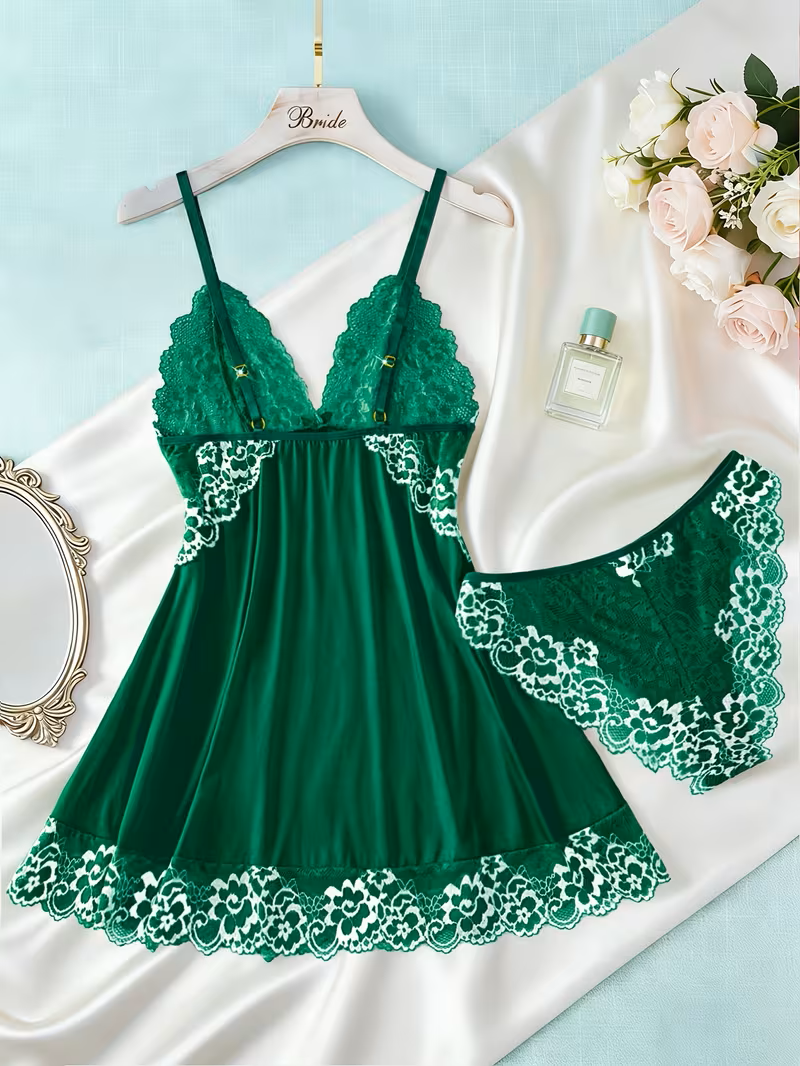 2pcs Women'S Sexy Lingerie Set -2-Piece Contrast Floral Lace Nightgown Set โ V-Neck Babydoll & Matching Panty-Chemise Set-Floral Patchwork Babydoll with Panties โ Elegant Sleepwear-Bridal Lingarie (Gr