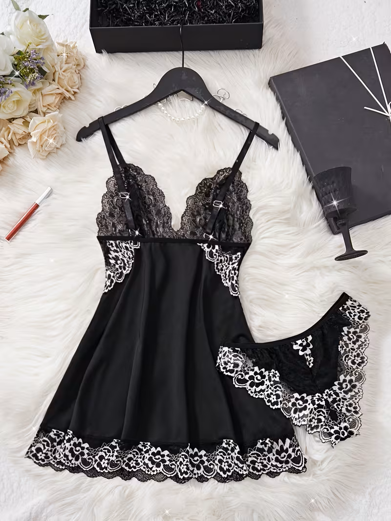 2pcs Women'S Sexy Lingerie Set -2-Piece Contrast Floral Lace Nightgown Set โ V-Neck Babydoll & Matching Panty-Chemise Set-Floral Patchwork Babydoll with Panties โ Elegant Sleepwear-Bridal Lingarie (Bl