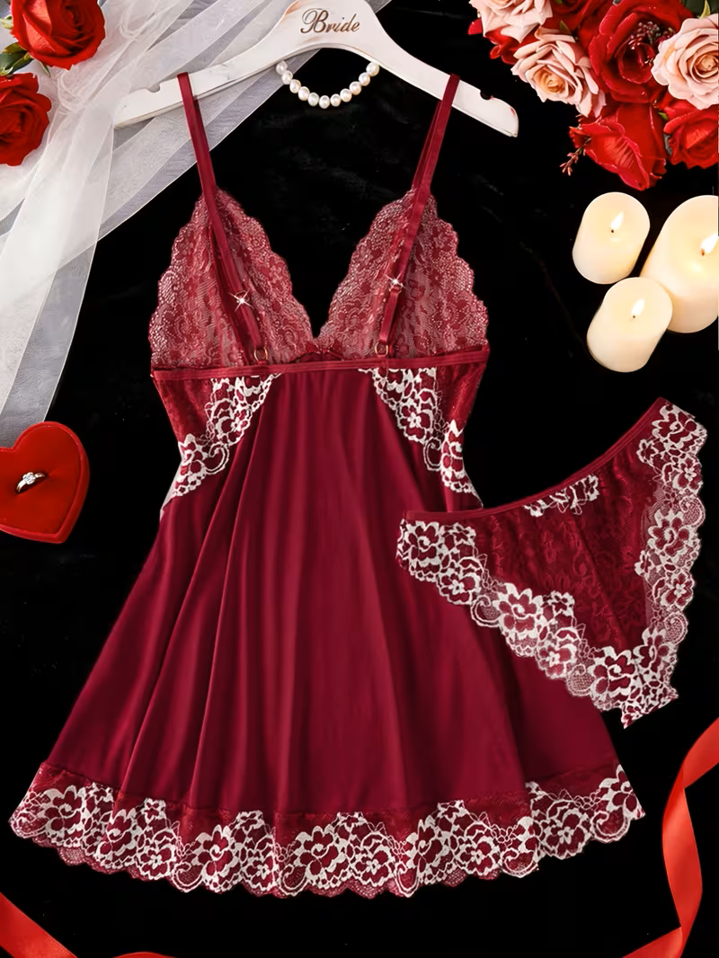 2pcs Women'S Sexy Lingerie Set -2-Piece Contrast Floral Lace Nightgown Set – V-Neck Babydoll & Matching Panty-Chemise Set-Floral Patchwork Babydoll with Panties – Elegant Sleepwear-Bridal Lingarie (Bu