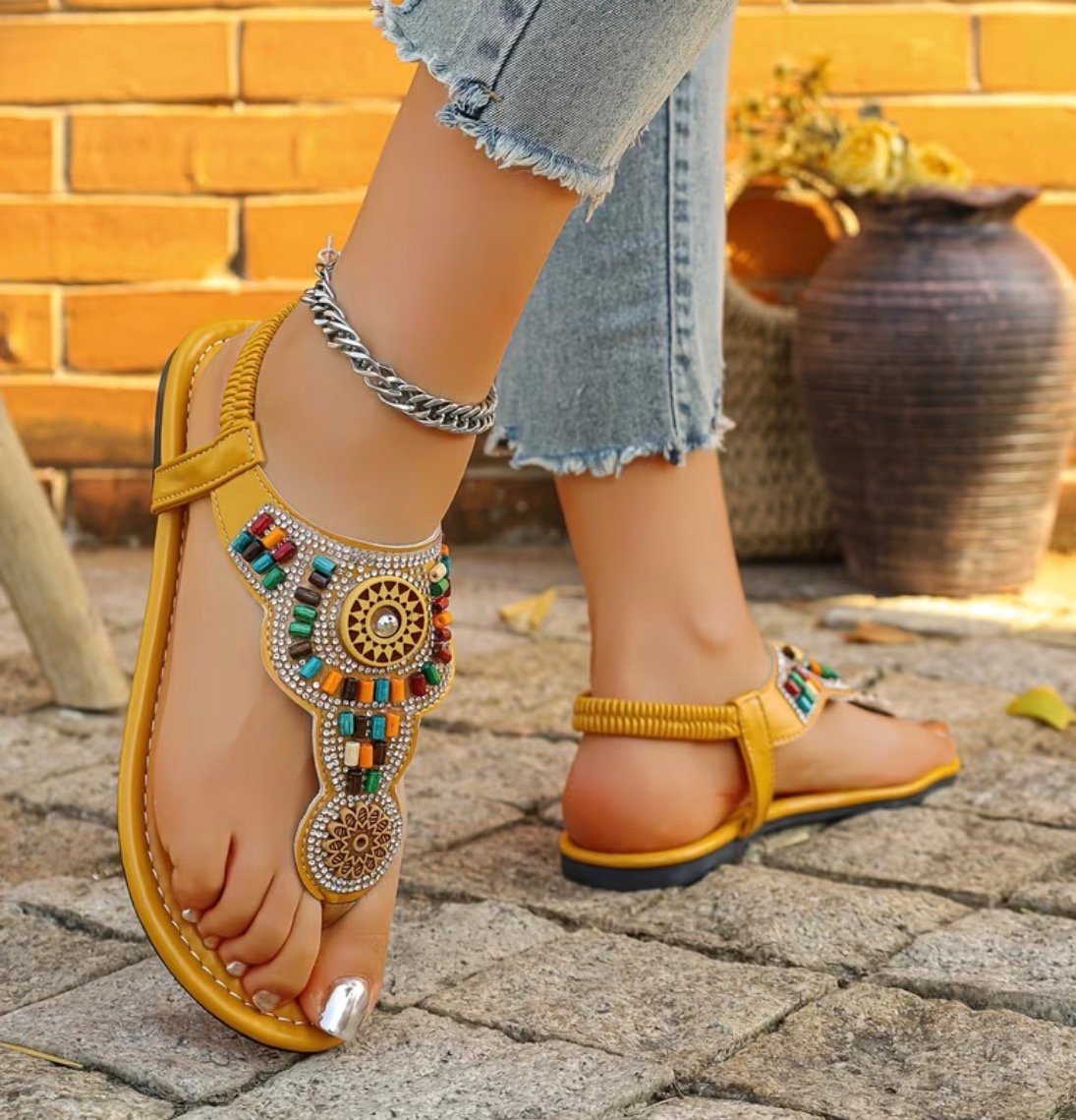 Comfortable and Versatile Toe-Post Bohemian Style Beach Shoes, Vacation Style Version Women's Shoes, New Summer Flat Summer Slippers for Women, Women Shoes
