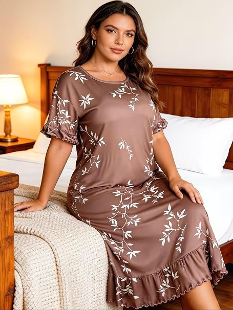 Women's Plus Size Floral Print Nightgown โ Short Sleeve Round Neck House Dress or Nighty with Ruffle Hem & Lace Trim โ Ultra-Comfortable Loungewear and Sleepwear (Brown)