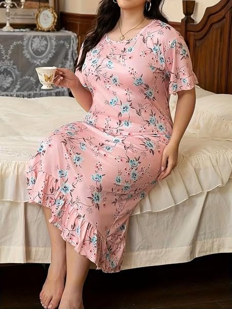 Women's Plus Size Floral Print Nightgown โ Short Sleeve Round Neck House Dress or Nighty with Ruffle Hem & Lace Trim โ Ultra-Comfortable Loungewear and Sleepwear(Pink)