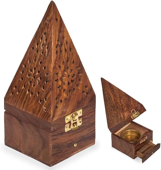 Handcrafted Wooden Incense Cone Burner(18cm Height-Big)โPyramid Style Incense Box with Internal Metal Holder and Storage Drawer โ Decorative Aroma Diffuser for Home Meditation & Office Decor