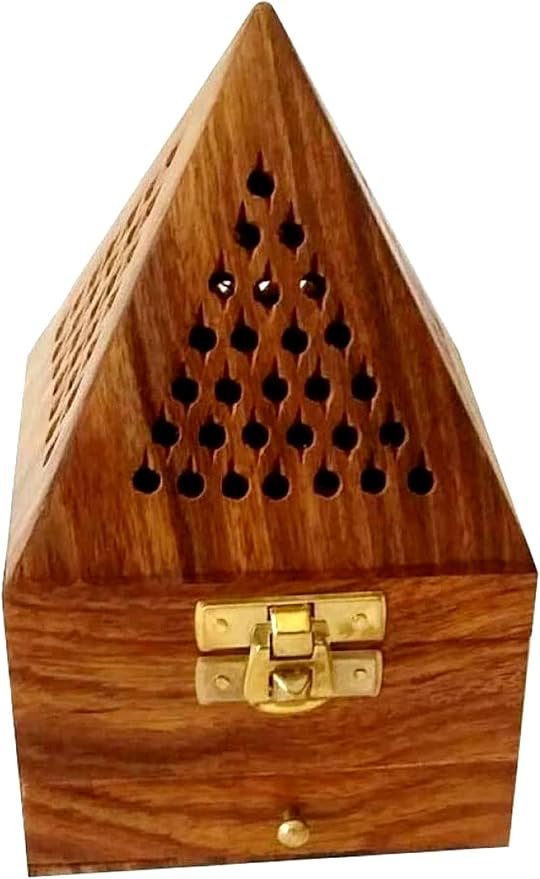 Handcrafted Wooden Incense Cone Burner(18cm Height-Big)โPyramid Style Incense Box with Internal Metal Holder and Storage Drawer โ Decorative Aroma Diffuser for Home Meditation & Office Decor