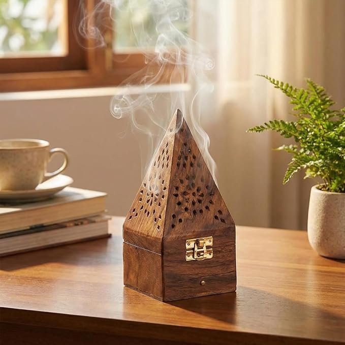 Handcrafted Wooden Incense Cone Burner(18cm Height-Big)โPyramid Style Incense Box with Internal Metal Holder and Storage Drawer โ Decorative Aroma Diffuser for Home Meditation & Office Decor