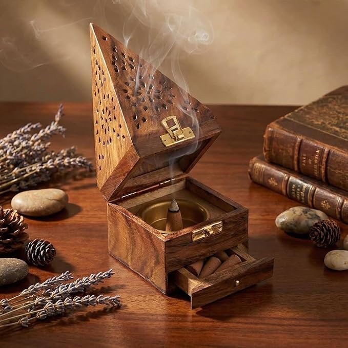 Handcrafted Wooden Incense Cone Burner(18cm Height-Big)โPyramid Style Incense Box with Internal Metal Holder and Storage Drawer โ Decorative Aroma Diffuser for Home Meditation & Office Decor