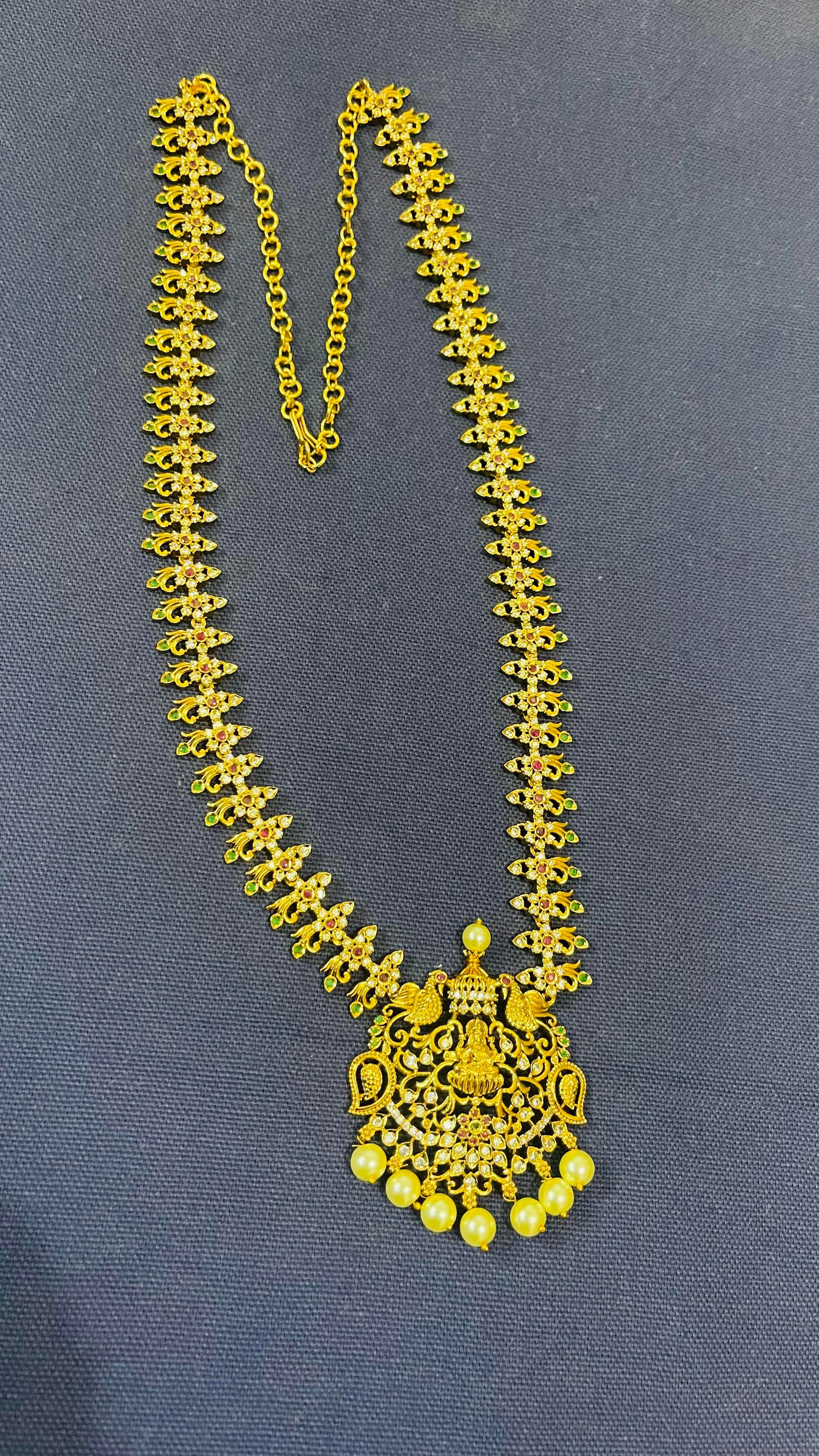 Ethnic Indian Traditional Long Necklace in Yellow Gold Finish with Multicolor Stones