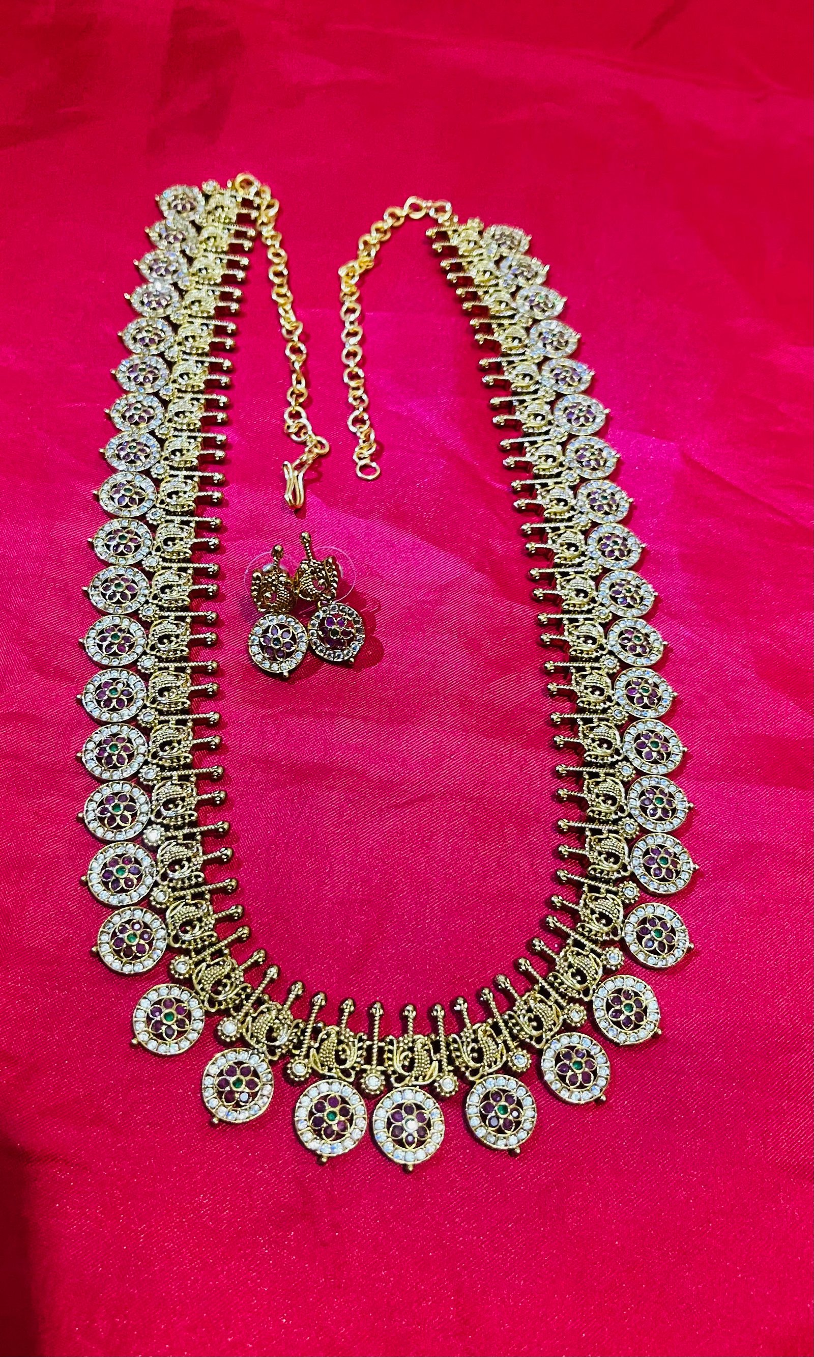 Indian Ethnic Floral Design Long Necklace and Earring Set in Yellow Gold Finish