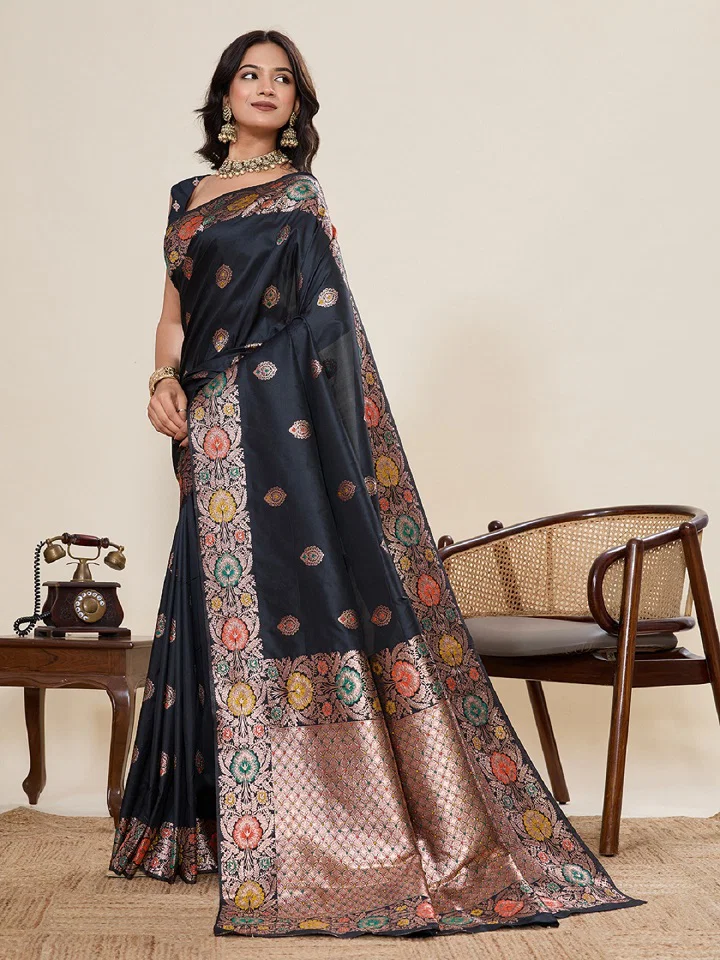 Premium Banarasi Silk Saree with Silver Zari & Meenakari Weaving | Pre-Stitched Fall & Pico Stitched