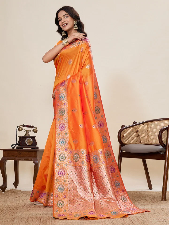Premium Banarasi Silk Saree with Silver Zari & Meenakari Weaving | Pre-Stitched Fall & Pico Stitched