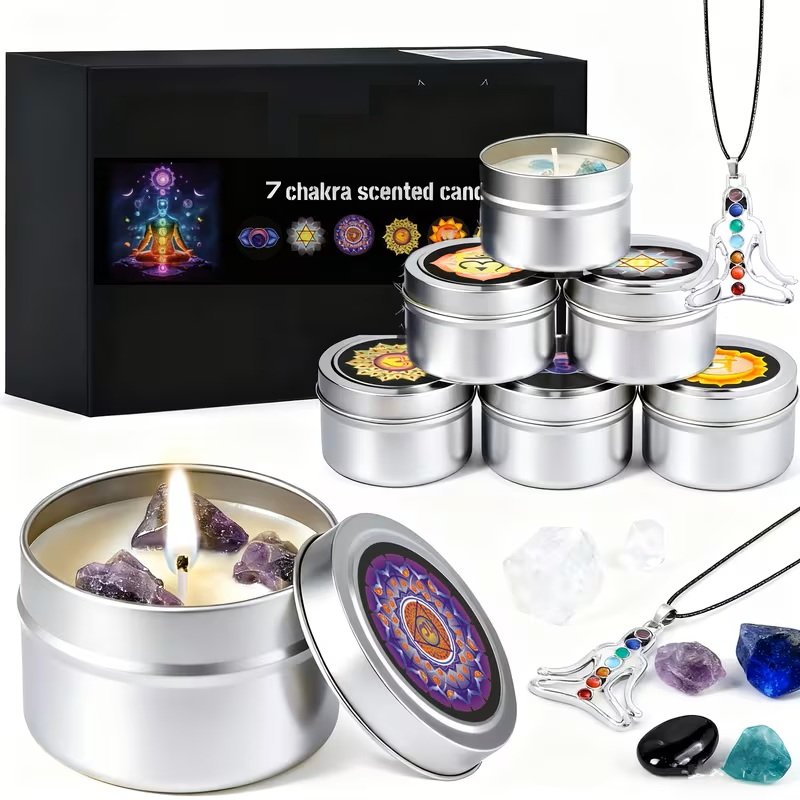 7-Chakra Scented Candle Set โ Soy Wax Aromatherapy Candles with Natural Healing Crystals, Pendant, and Gift Box