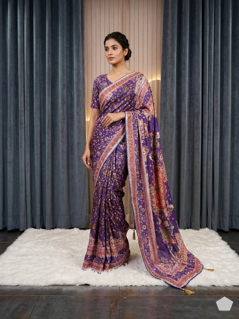 Pure Chinon Silk Designer Patchwork Printed Saree with Handwork Mirror Embroidery-FALL & PICO STITCHED & Unstitched Blouse Piece โ Multicolor Floral & Geometric Festive Partywear Saree with Tassels