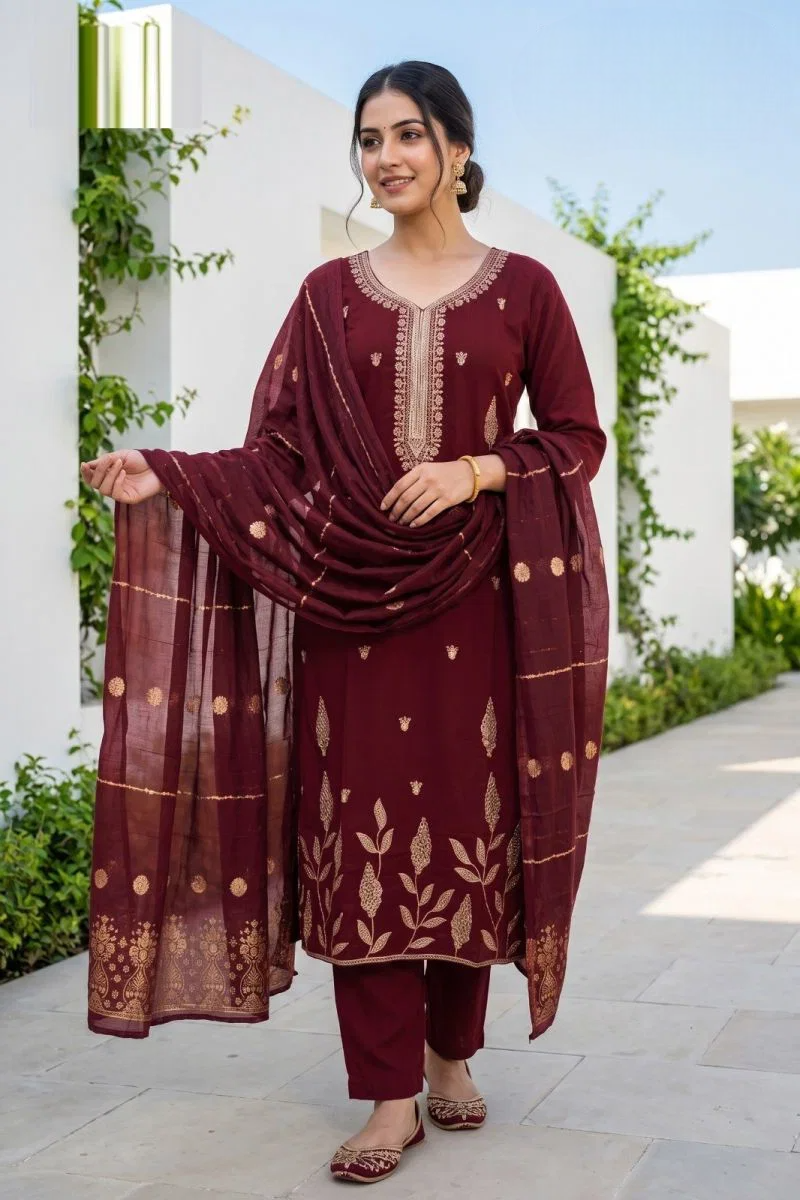 Women's Roman Fabric Embroidered Kurta with Pant and Jacquard Dupatta Set (Maroon)