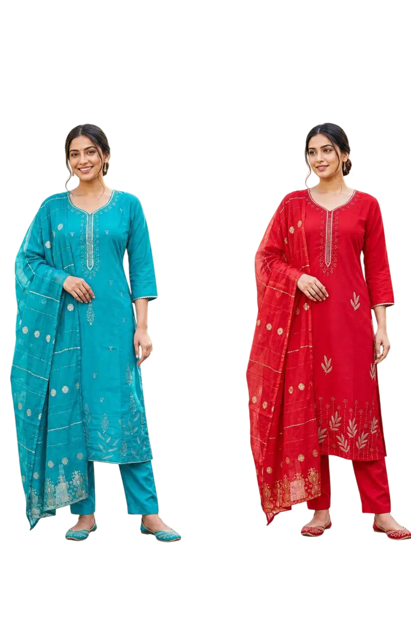 Women's Roman Fabric Embroidered Kurta with Pant and Jacquard Dupatta Set(Red)