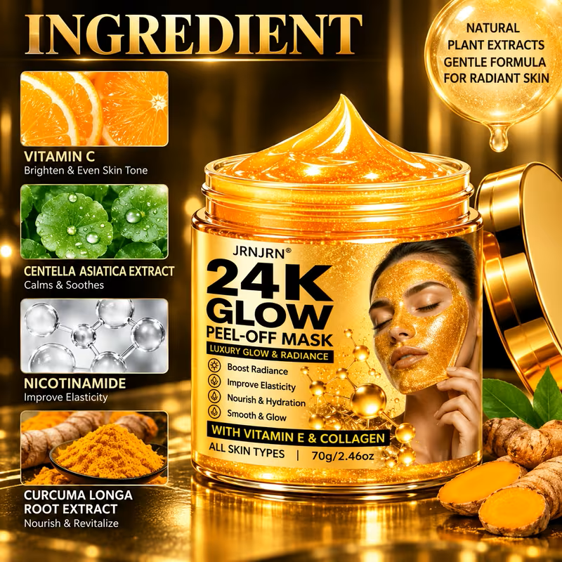 24K Gold Glow Peel-Off Face Mask โ Luxury Hydrating & Firming Gel Mask with Collagen, Vitamin E, Vitamin C & Turmeric Extract, Anti-Aging Brightening At-Home Spa Facial Treatment for All Skin Types, 7
