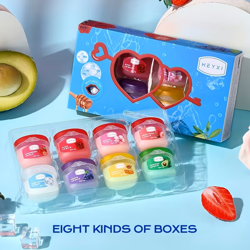 8-Piece Fruit & Plant Flavored Lip Balm & Hydrating Lip Mask Set โ 7g Each, Anti-Dry Moisturizing Lip Care Collection with Strawberry, Rose, Sakura, Peach, Grape, Propolis & Avocado for Soft, Smooth