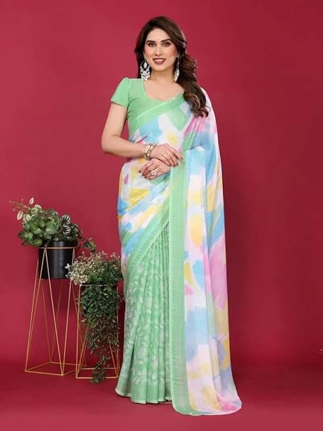 Ready To Wear Saree | Chiffon Silk Saree, Women's Moss Chiffon Silk Printed Saree with Unstitched Blouse Piece | Daily Wear, Festive, & Casual Occasions