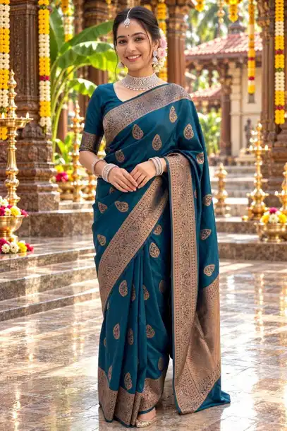 Women's Peacock Blue Soft Silk Saree with Copper Zari Jacquard Woven Floral Border and Rich Pallu | Fall & PICO Stitched | Festive & Wedding Traditional Saree with Unstitched Blouse Piece