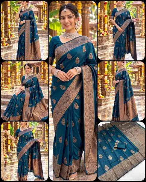 Women's Peacock Blue Soft Silk Saree with Copper Zari Jacquard Woven Floral Border and Rich Pallu | Fall & PICO Stitched | Festive & Wedding Traditional Saree with Unstitched Blouse Piece