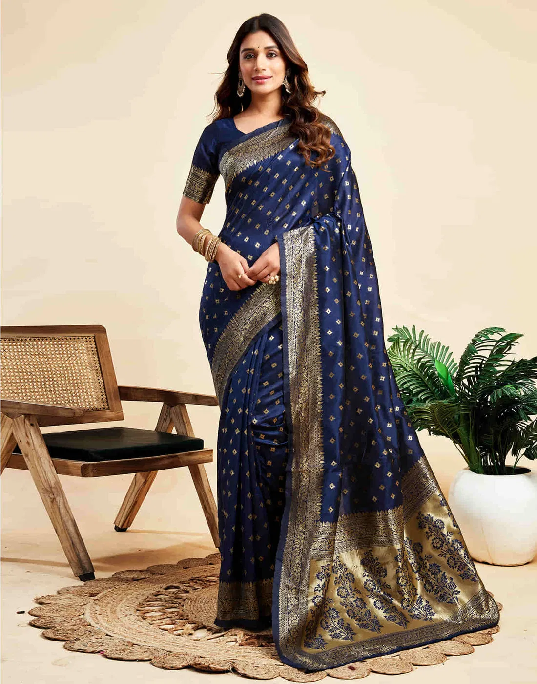 Women's Traditional Woven Art Silk Saree with Antique Gold Zari Floral Pallu and Diamond Buti Work | FALL & PICO Stitched | Festive Wedding Party Wear Saree with Matching Unstitched Blouse Piece