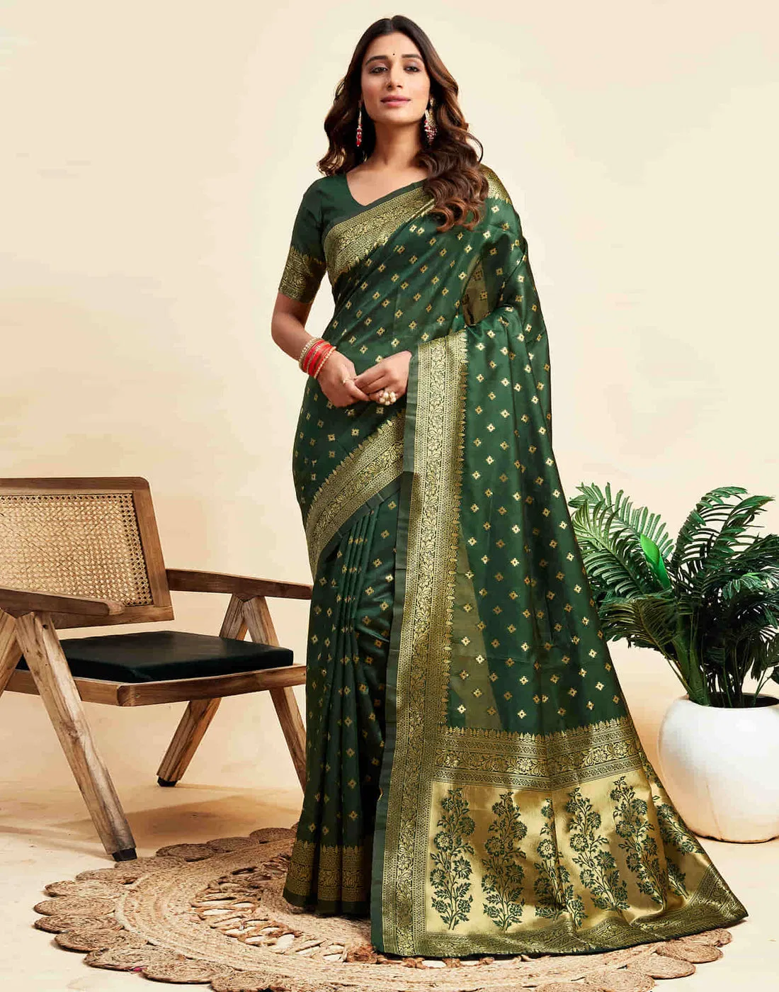 Women's Traditional Woven Art Silk Saree with Antique Gold Zari Floral Pallu and Diamond Buti Work | FALL & PICO Stitched | Festive Wedding Party Wear Saree with Matching Unstitched Blouse Piece