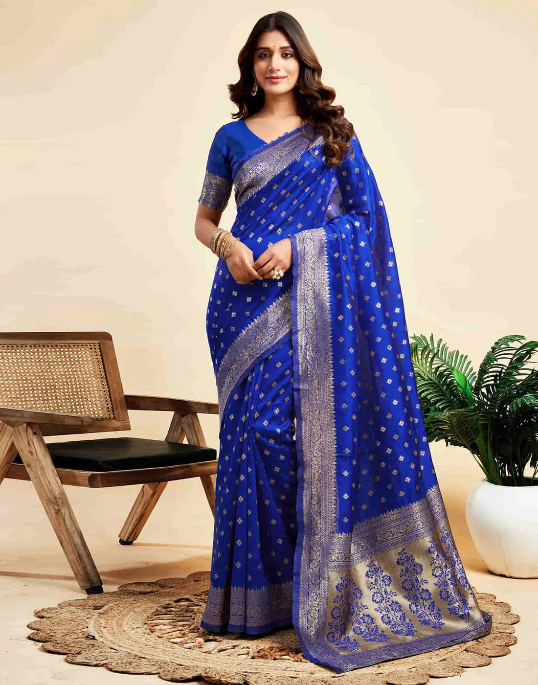 Women's Traditional Woven Art Silk Saree with Antique Gold Zari Floral Pallu and Diamond Buti Work | FALL & PICO Stitched | Festive Wedding Party Wear Saree with Matching Unstitched Blouse Piece