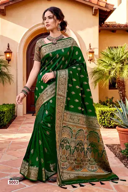 Designer Festive Wear Soft Silk Saree with Elegant Motifs, Pre-Stitched Fall & Pico | Vivirasmi