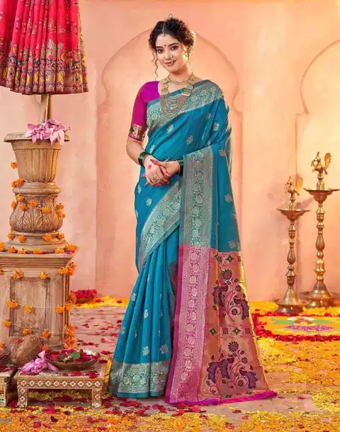 Traditional Silk Zari Woven Paithani Saree with Rich Pallu and Unstitched Blouse Piece