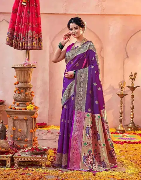 Traditional Silk Zari Woven Paithani Saree with Rich Pallu and Unstitched Blouse Piece