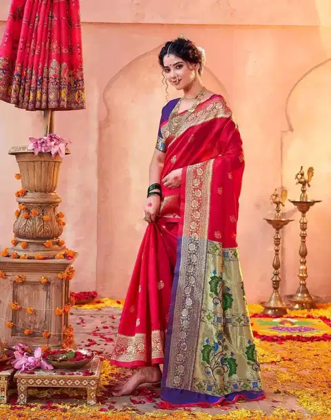 Traditional Silk Zari Woven Paithani Saree with Rich Pallu and Unstitched Blouse Piece