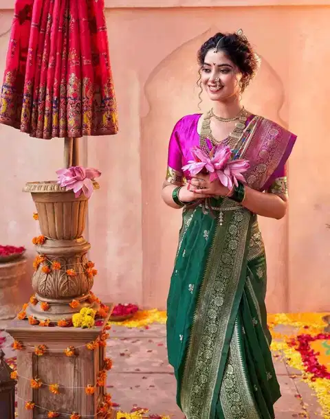 Traditional Silk Zari Woven Paithani Saree with Rich Pallu and Unstitched Blouse Piece